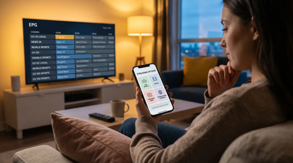Canadian viewer comparing IPTV streaming options at home on a phone and TV