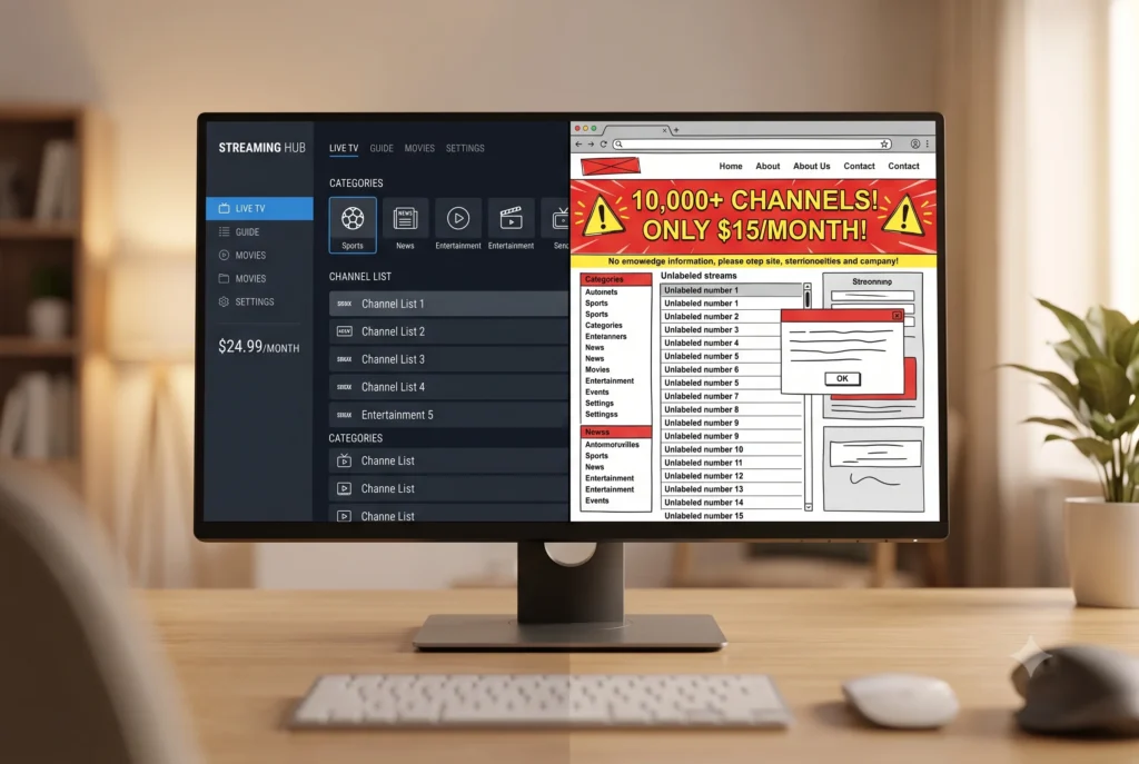 Comparison of a legitimate streaming interface versus a suspicious cut-rate IPTV website