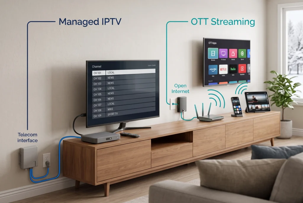 Diagram comparing managed IPTV delivery versus open internet OTT streaming